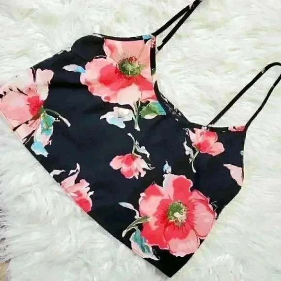 Joyce cropped tank top black and pink floral size medium - Picture 2 of 9